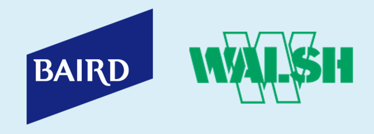 Blue Baird logo with white text on a tilted rectangle, placed next to a green stylized wordmark with overlapping outlines on a light blue background.