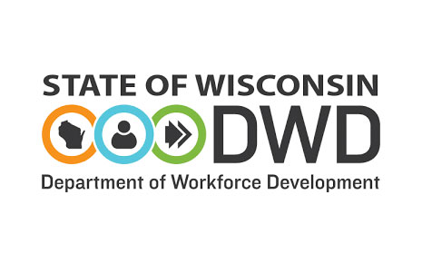 Wisconsin DWD Department of Workforce Development logo with three colored circles (orange with state silhouette, blue with person, green with forward arrow) and the text 'STATE OF WISCONSIN DWD Department of Workforce Development'