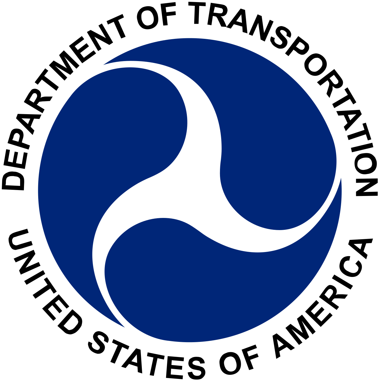 Abstract blue circular logo with interlocking black curved shapes in a yin-yang–like design.