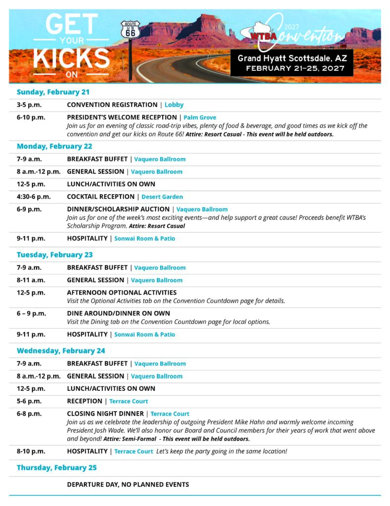 Banner for WTBA convention: Route 66 desert road image with 'GET YOUR KICKS' and 'Grand Hyatt Scottsdale, AZ — February 21-25, 2027' text over a black label area.